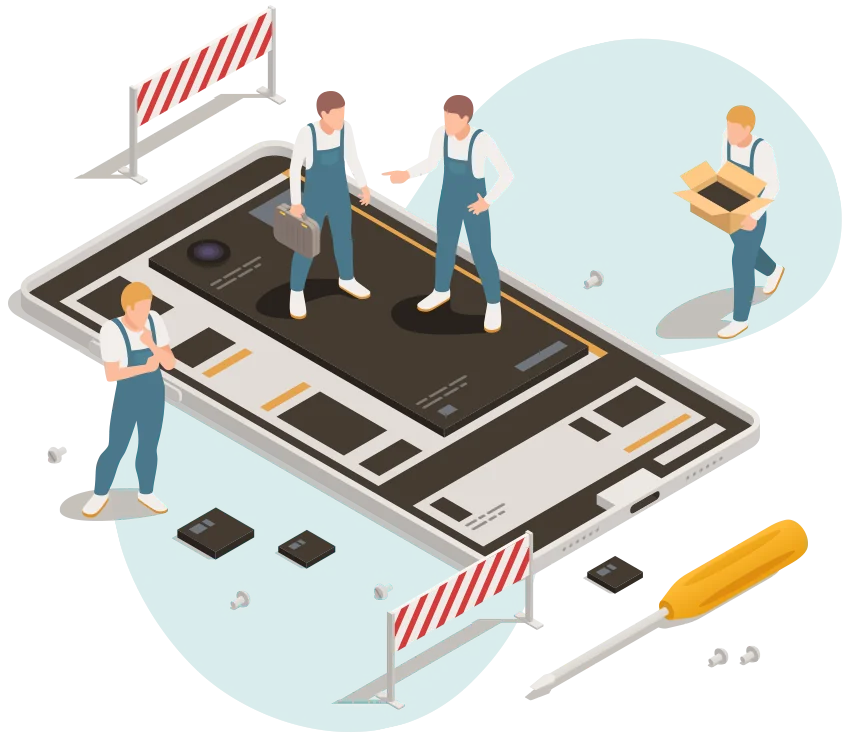 スマートフォンの画面の上で作業する工事業者たちのイラスト