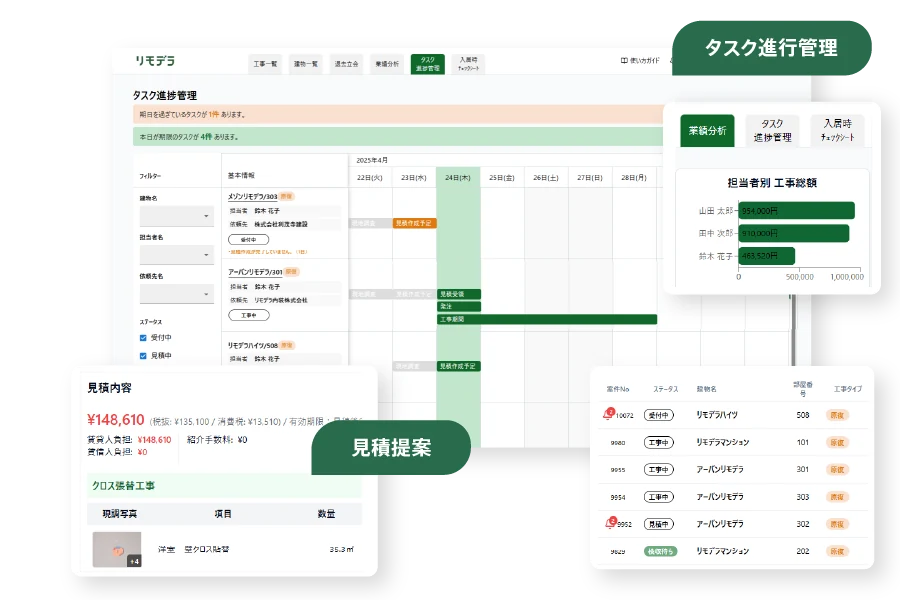 工事一元管理の画面。タスク進行管理や見積提案を一元管理できます